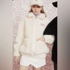 OZLANA KEITH HARING Sz L (estimated) Cream Fleece Jacket with Dog Design NEW